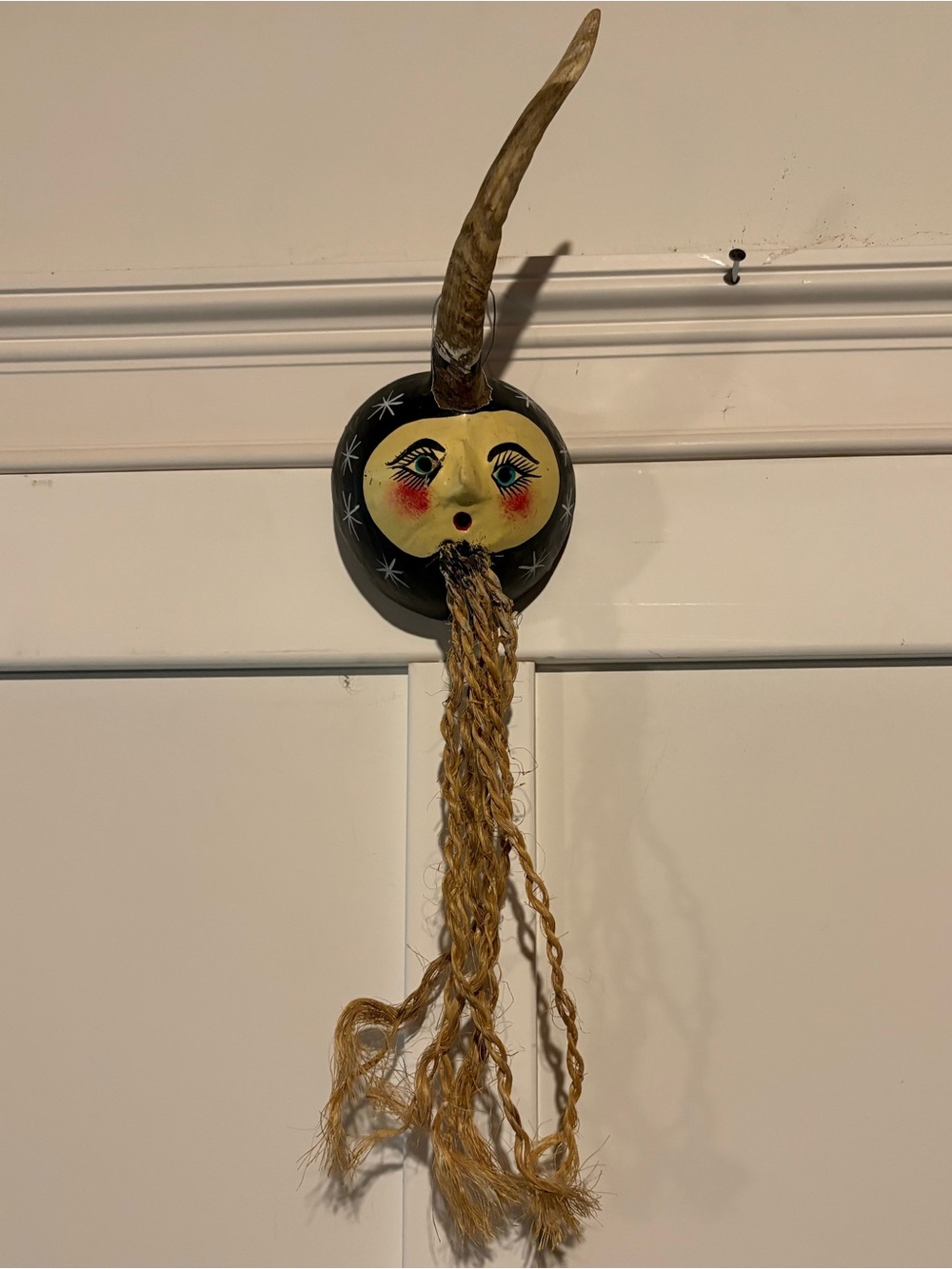 Vintage Mexican Folk Art Coconut Shell Mask Real Horn Star Celestial Tribal Vibe